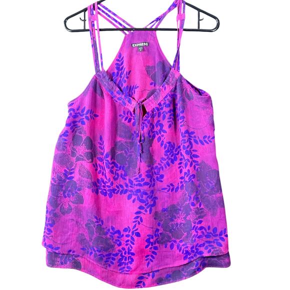 Express Womens Blouse Purple Blue Floral Leaf Tank Sleeveless Sheer Stretch M - Picture 1 of 10